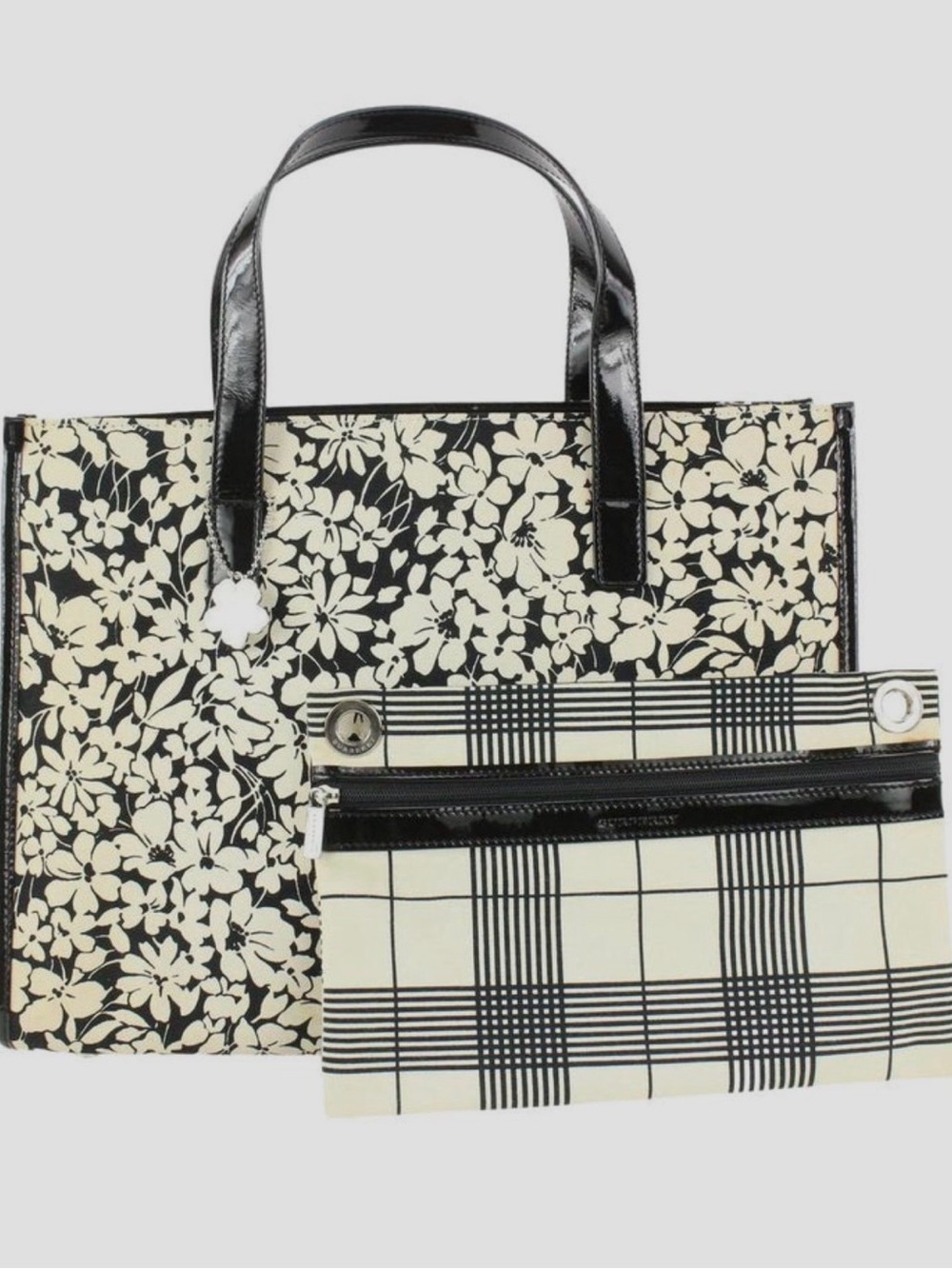 Burberry Black x White Floral Shopper Tote with Nova Check Pouch 922Bur86